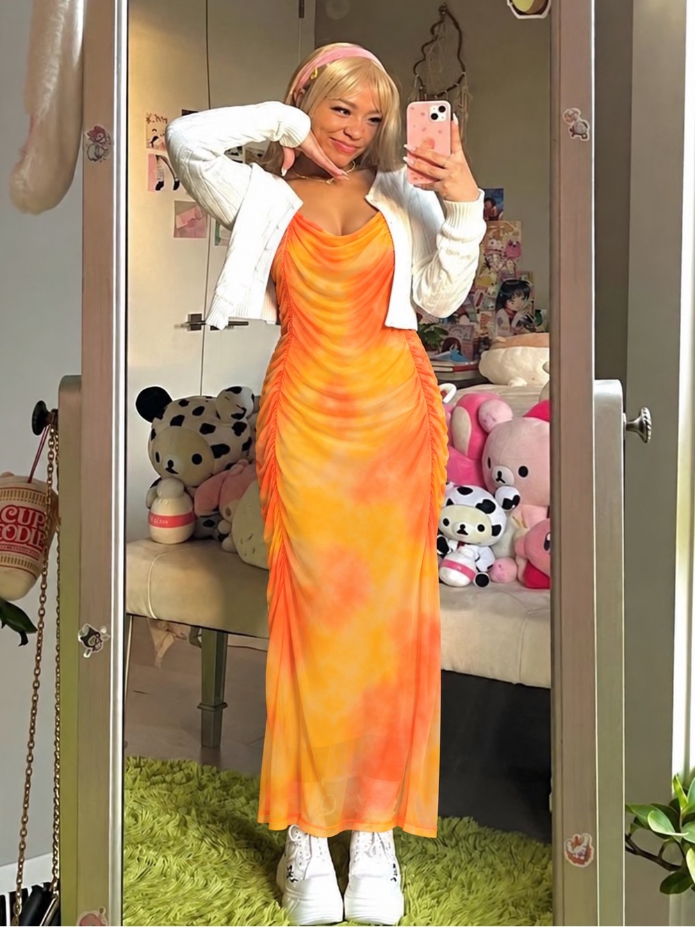Fashion Nova Yellow Orange Tie-Dye Cowl Neck Maxi Dress